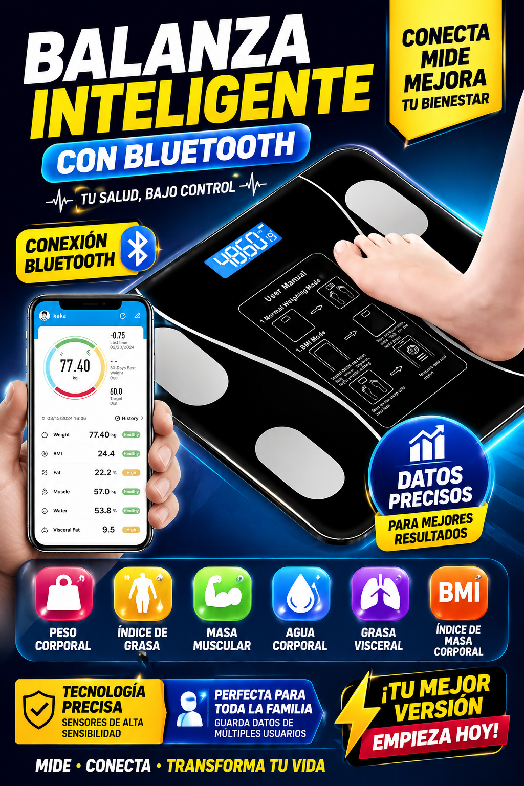 Balanza Inteligente Bluetooth – Mide Peso, Grasa Corporal y más desde tu Celular