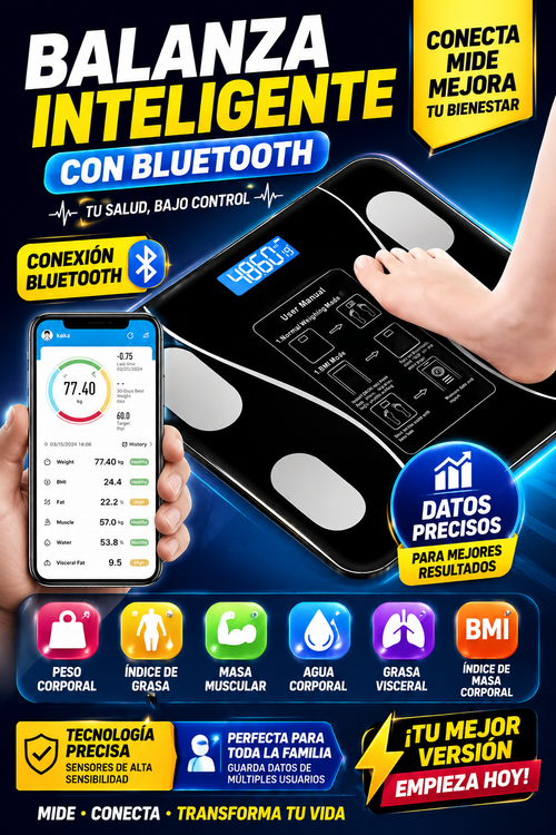 Balanza Inteligente Bluetooth – Mide Peso, Grasa Corporal y más desde tu Celular